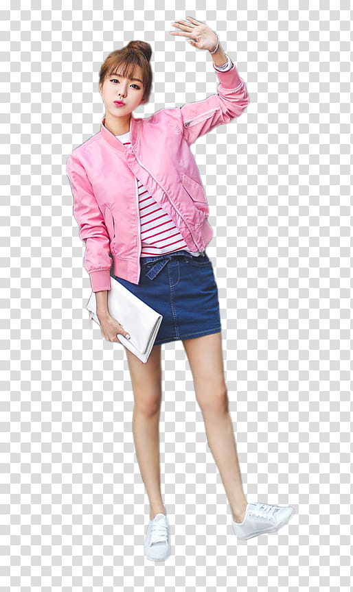 woman in pink jacket and blue denim skirt transparent background PNG clipart