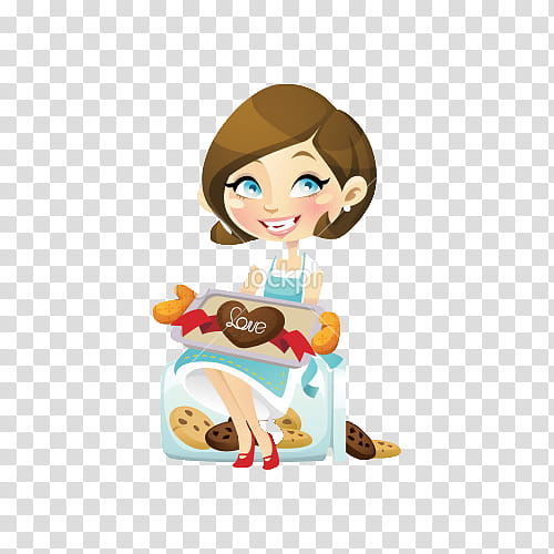 female cartoon character sitting on box of cookies transparent background PNG clipart