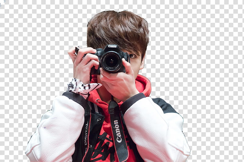 Jungkook, man using black Canon DSLR camera transparent background PNG clipart