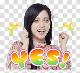 BLACKPINK Line, woman smiling at camera while raising her hands with Yes! text overlay transparent background PNG clipart