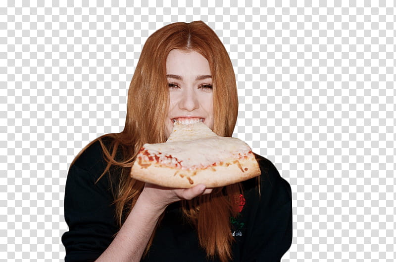 Katherine McNamara, woman smiling while eating pizza transparent background PNG clipart