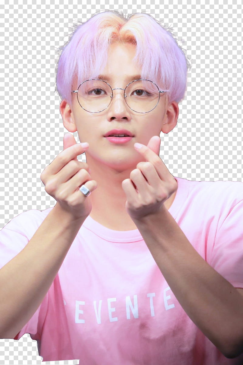 JEONGHAN SEVENTEEN, man in pink crew-neck top doing heart hand signs transparent background PNG clipart