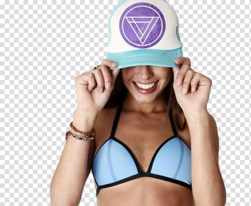 woman in bikini top wears teal and purple cap transparent background PNG clipart