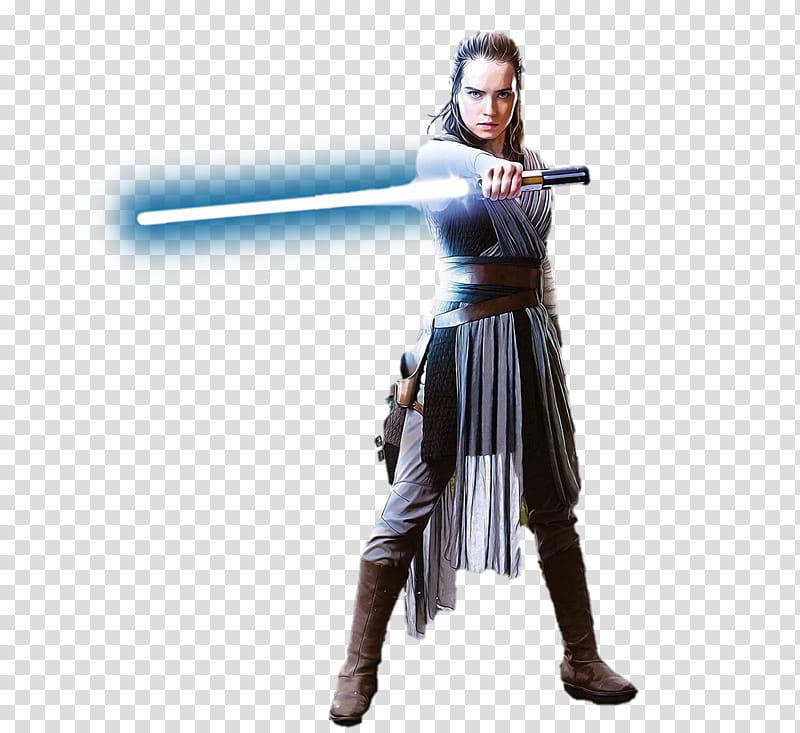 The Last Jedi Rey , Rey from Star Wars holding blue lightsaber transparent background PNG clipart