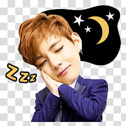 BTS Kakao Talk Emoticon Render p, man wearing blue suit jacket doing clap hand sign while sleeping transparent background PNG clipart