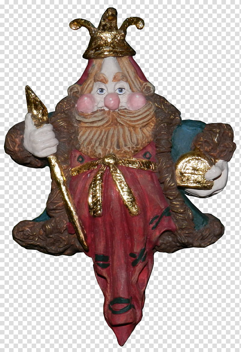 Wise Man Star Christmas Ornament Red and Gold, man with beard wearing brown fur coat and holding rod figure transparent background PNG clipart