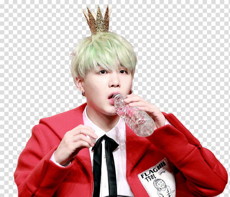 Suga BTS, man wearing red coat holding plastic bottle transparent background PNG clipart