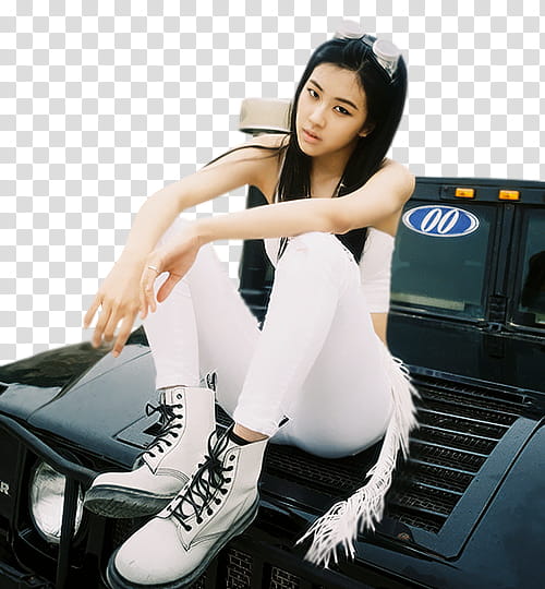 BLACKPINK PRE DEBUT, woman in white crop top and white fitted pants sits on black Humvee hood transparent background PNG clipart
