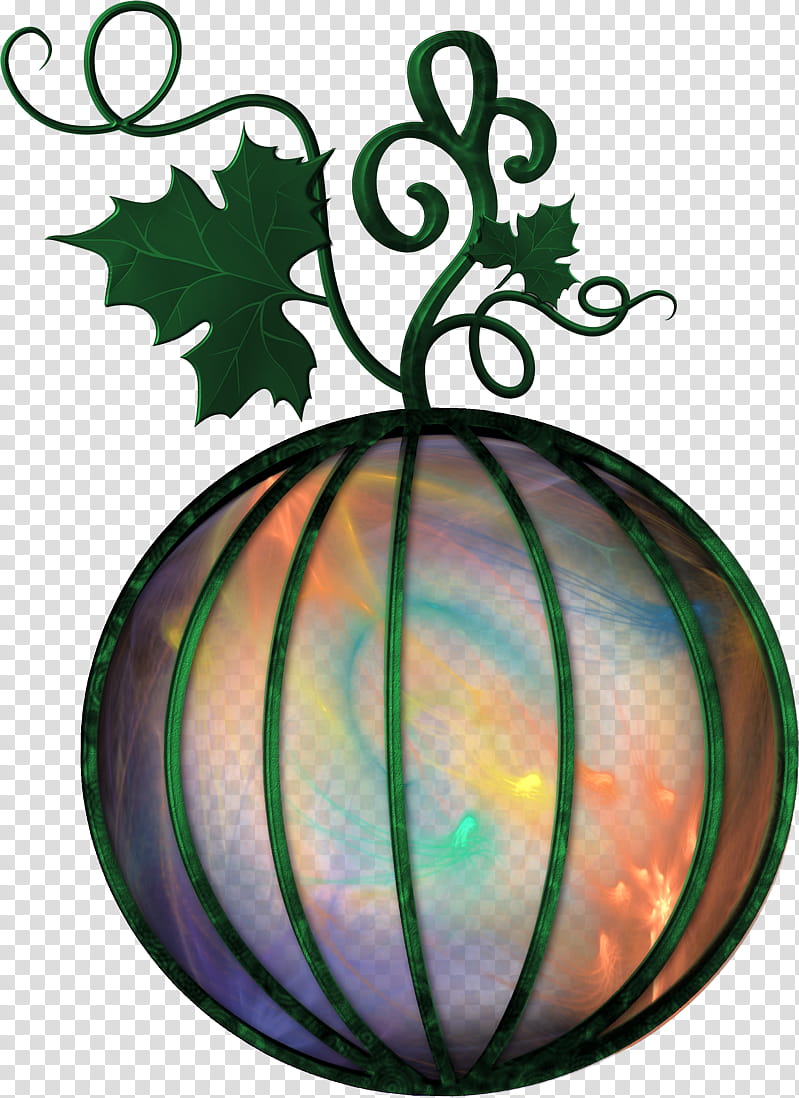 Colorful Pumpkin Lantern, round green metal ball frame with leaves transparent background PNG clipart
