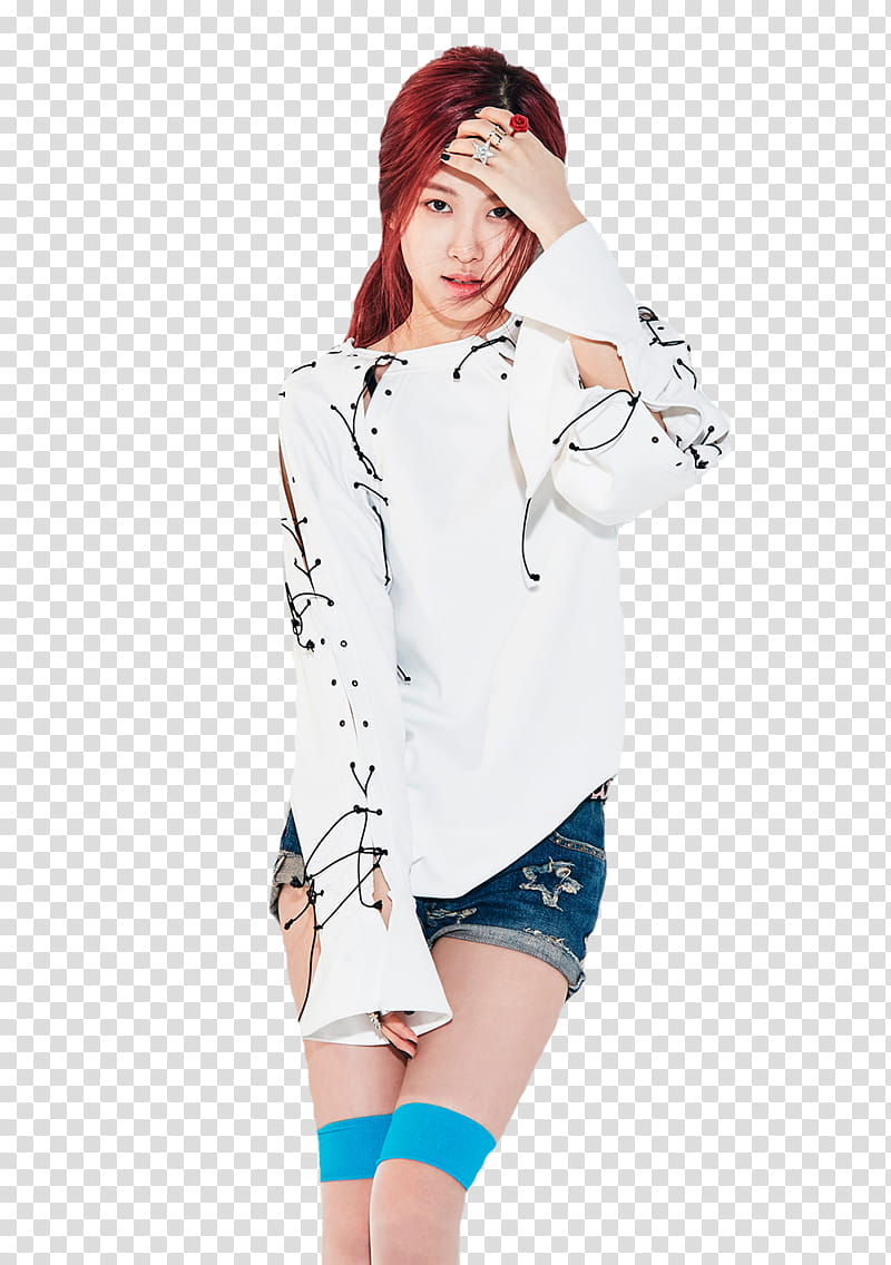 BlackPink, woman wearing white long-sleeved blouse and blue denim shorts putting her left hand on forehead transparent background PNG clipart