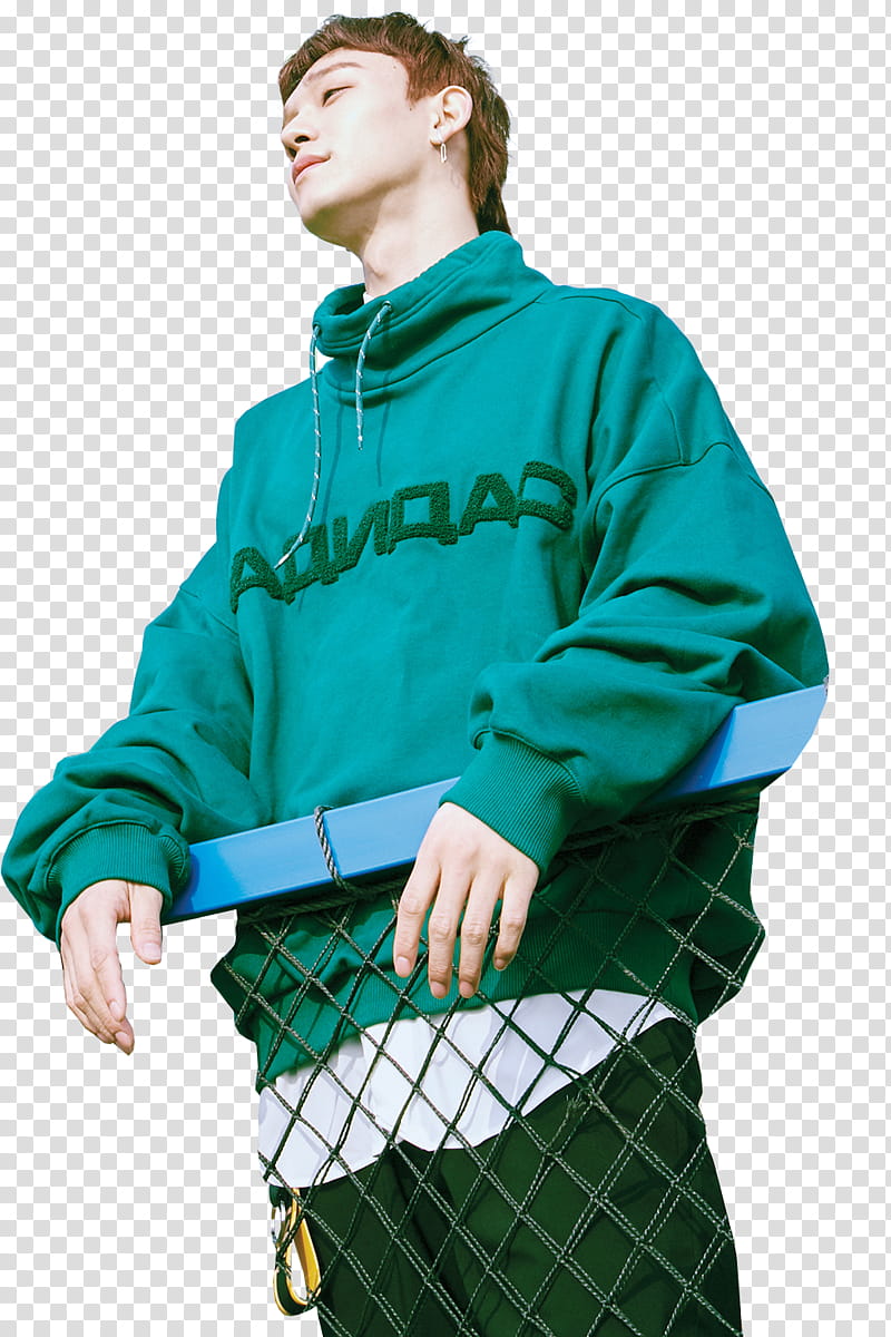 EXO CBX Blooming Days, man wearing cyan pullover hoodie transparent background PNG clipart