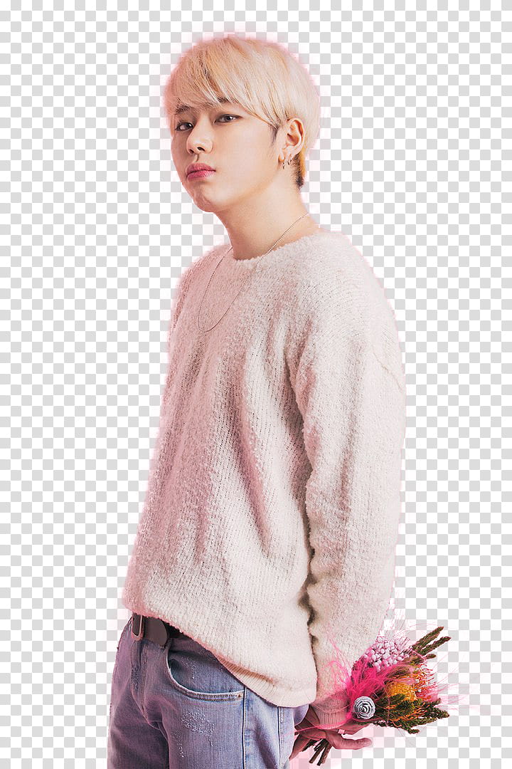 ZICO BLOCK B, man in beige knit sweater and blue denim bottoms holding flowers transparent background PNG clipart