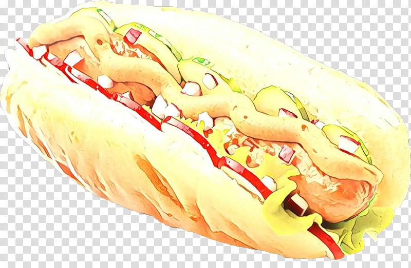 fast food junk food hot dog food sausage bun, Cartoon, Cuisine, Dish, Chicagostyle Hot Dog, Submarine Sandwich, Dodger Dog transparent background PNG clipart