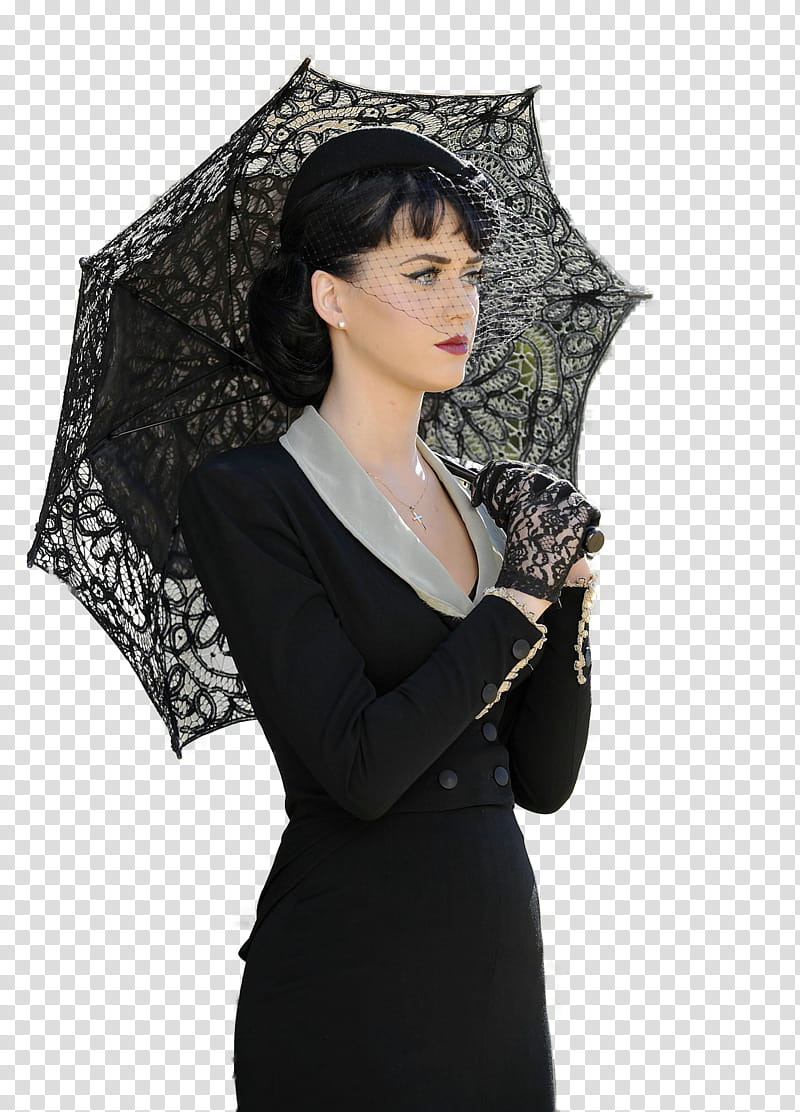 Katy Perry wearing black collared long-sleeved dress using umbrella while standing transparent background PNG clipart