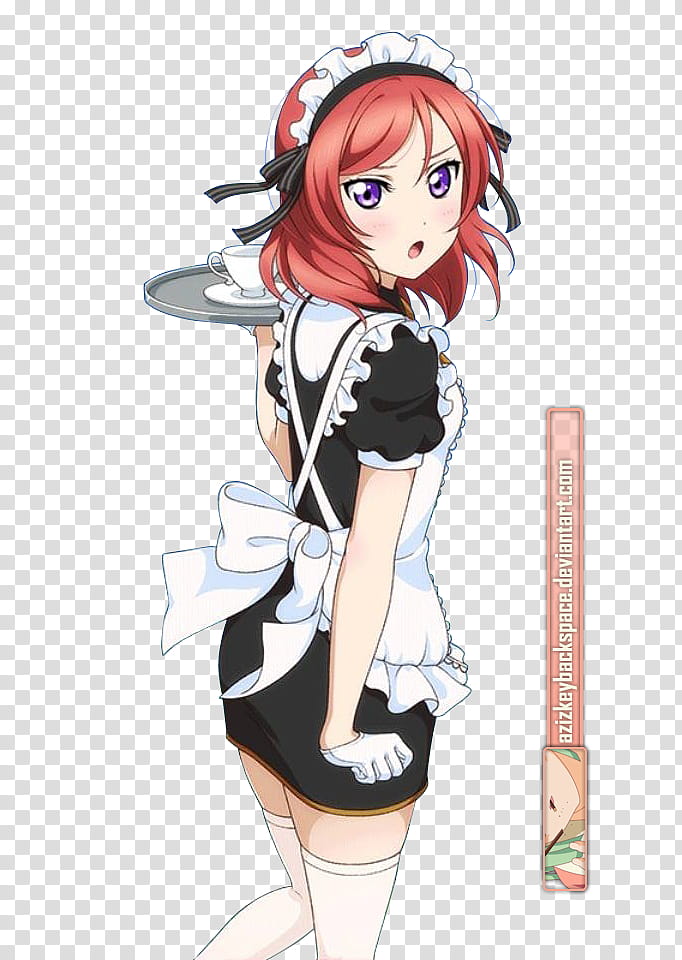 # Nishikino Maki (Love Live! Card) SR, Render, red-haired female anime character wearing black and white drindle dress transparent background PNG clipart