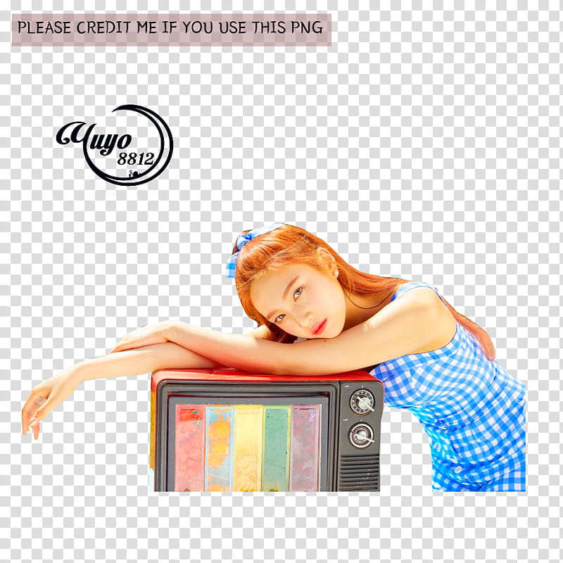 RED VELVET POWER UP, woman leaning on CRT monitor transparent background PNG clipart