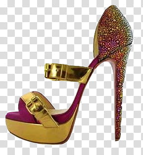 unpaired purple and gold patent leather open-toe ankle-strap stiletto shoe transparent background PNG clipart