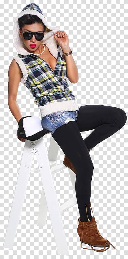 Diana Sanchez, woman wearing blue, white, and yellow plaid dress shirt sitting on white wooden ladder transparent background PNG clipart