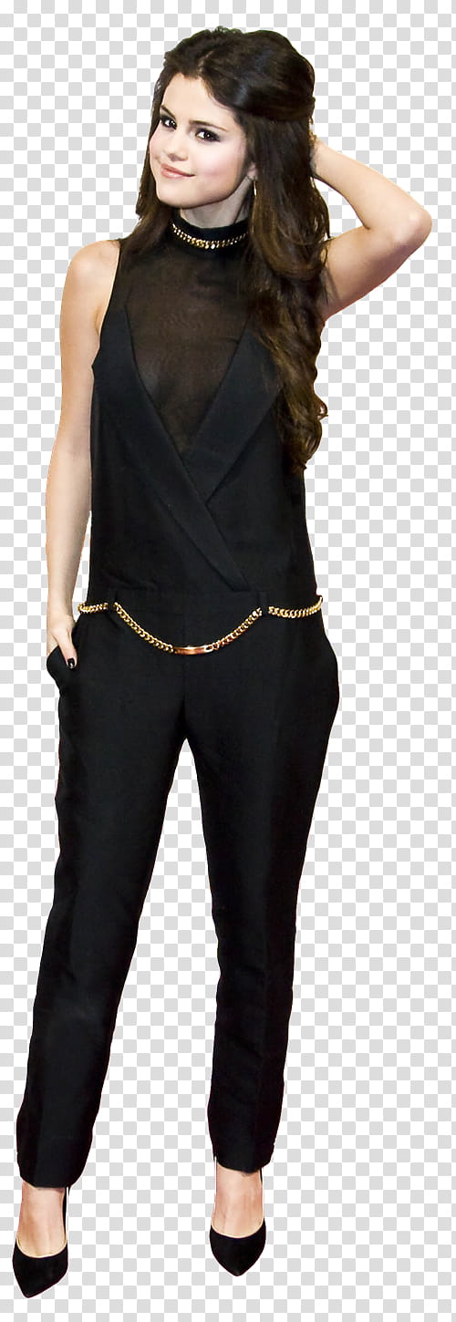 SelenaGomez, Selena Gomez wearing black sleeveless top and black pants transparent background PNG clipart