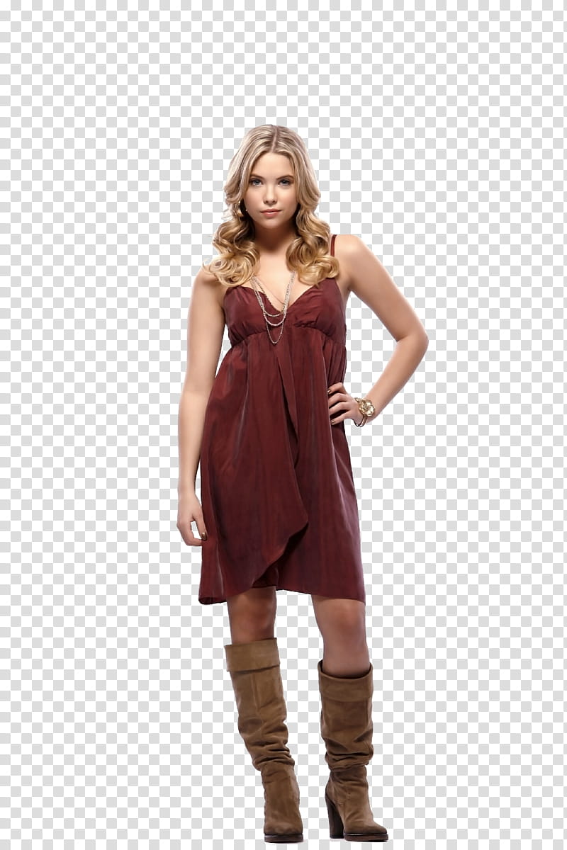 Pretty Little Liars GIRLS BUENA CALIDAD, standing woman in maroon spaghetti strap long dress and pair of knee-high boots transparent background PNG clipart