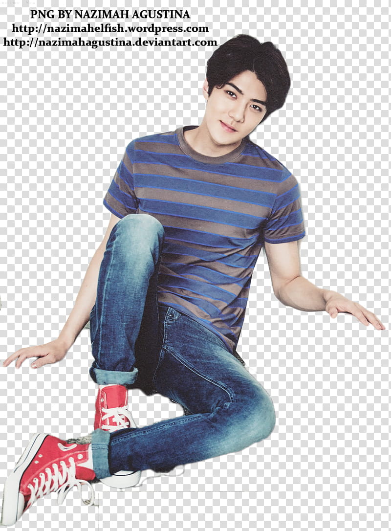 Exo  Season Greeting, man wearing gray-and-blue striped crew-neck t-shirt and blue denim stone-wash jeans outfit transparent background PNG clipart