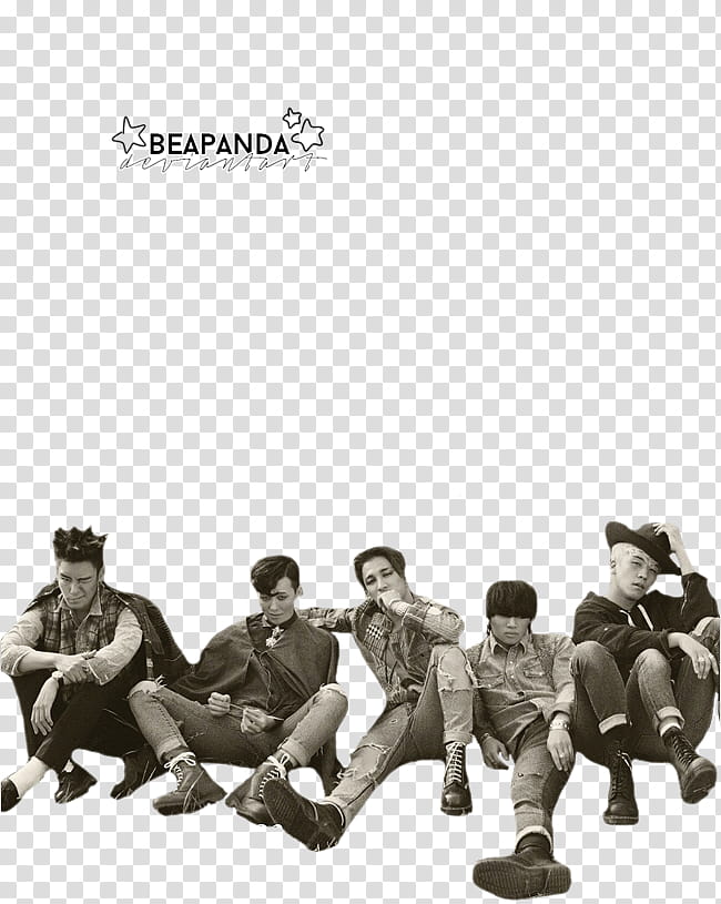 BIGBANG, five men sitting with text overlay transparent background PNG clipart