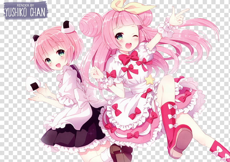 Anime Girls RENDER, two pink-haired girls wearing bow dresses illustration transparent background PNG clipart