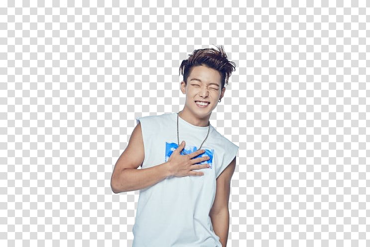 iKON PEPSI P, smiling man in white sleeveless shirt with right hand on chest transparent background PNG clipart