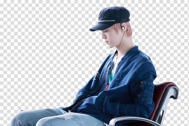 Luhan Exo, man siting with earbuds transparent background PNG clipart