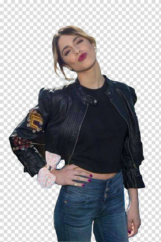 MartinaStoessel Lupisha, woman in black crew neck shirt, black jacket and blue denim jeans transparent background PNG clipart