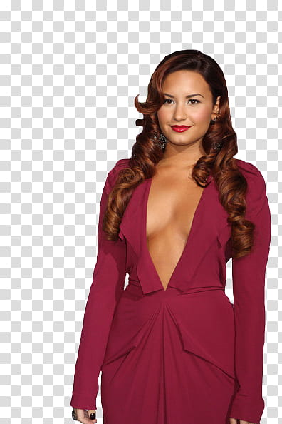 Demi Lovato , standing woman wearing red plunging neckline long-sleeved dress transparent background PNG clipart