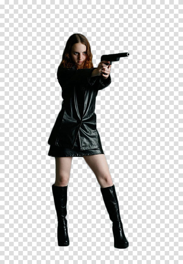 Gun model, woman holding black pistol transparent background PNG clipart