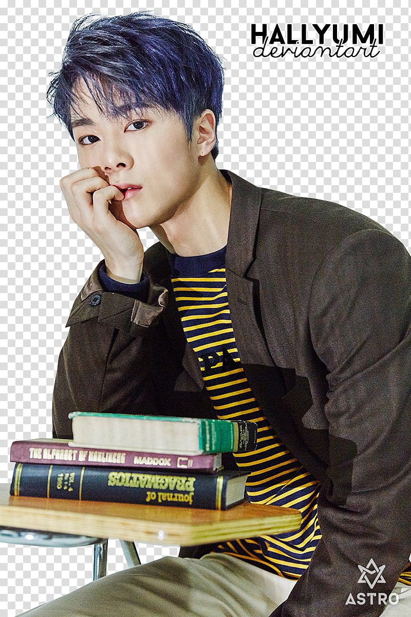 ASTRO th Mini Album Dream Part , man sitting on brown school armchair with three books transparent background PNG clipart