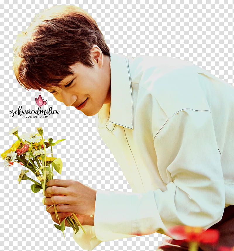 EXO Nature Republic, man in yellow dress shirt holding flowers transparent background PNG clipart