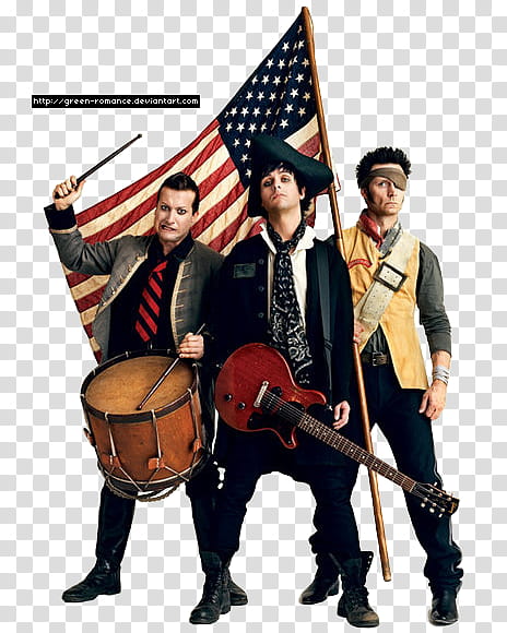 Green Day, three person holding guitar, drum, and USA flag transparent background PNG clipart