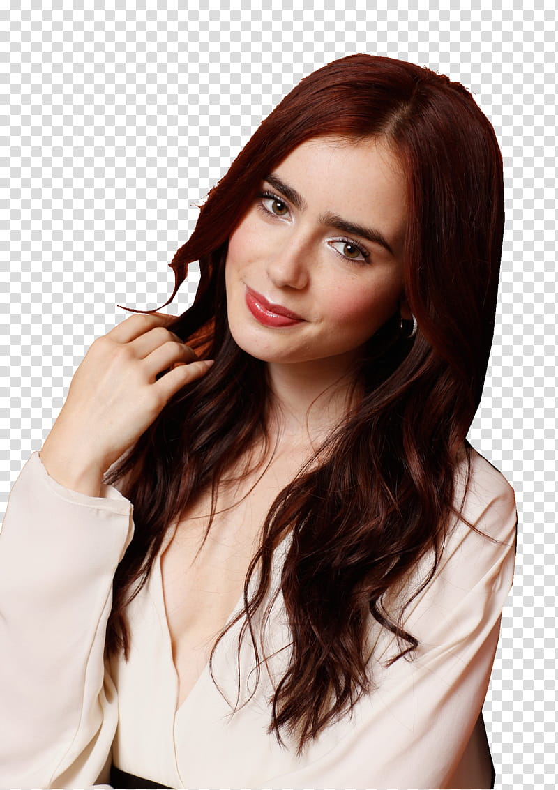 Lily Collins, smiling Lily Collins wearing white plunging-neckline long-sleeved shirt transparent background PNG clipart