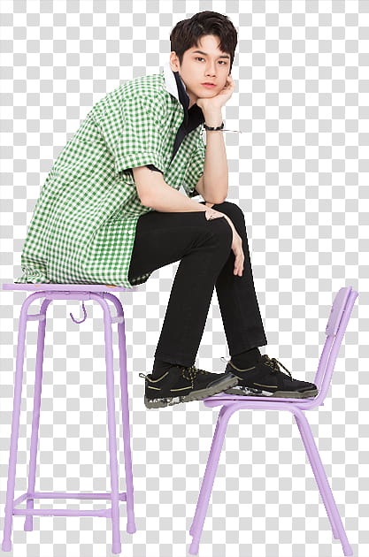 WANNA ONE IVY CLUB P, graphy of man sitting on pink stool transparent background PNG clipart