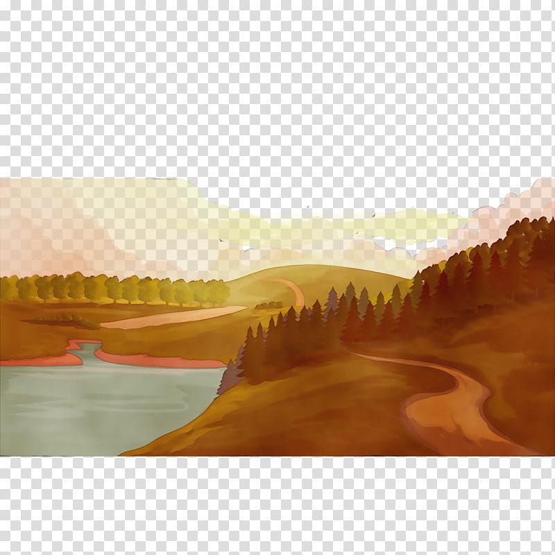 nature sky natural landscape yellow morning, Watercolor, Paint, Wet Ink, Hill, Horizon, River, Sunlight transparent background PNG clipart