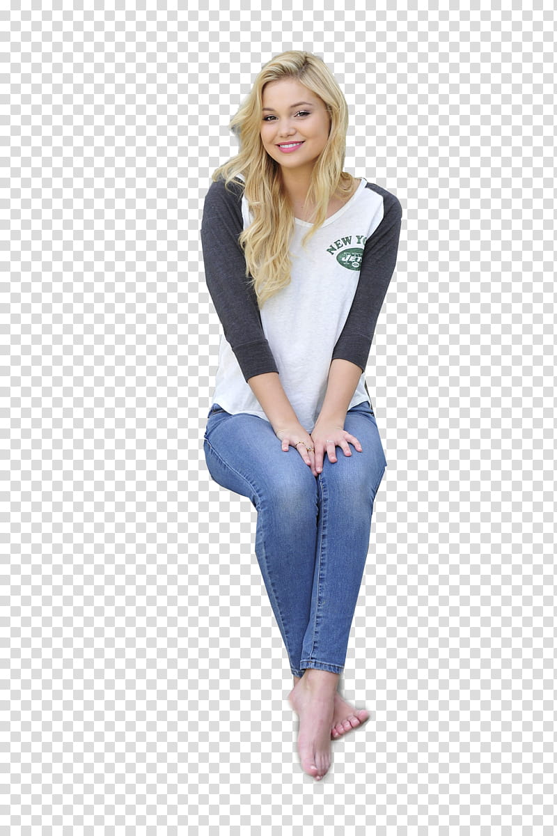 Olivia Holt, smiling woman wearing white and black raglan long-sleeved shirt and blue denim jeans transparent background PNG clipart