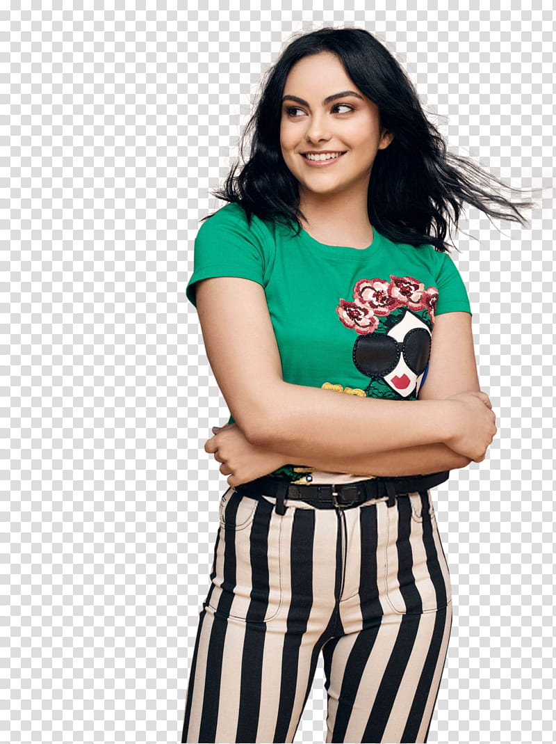 Camila Mendes, woman in green t-shirt transparent background PNG clipart