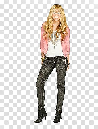 Hannah Montana, Miley Cyrus in white inner shirt and gray jeans outfit transparent background PNG clipart