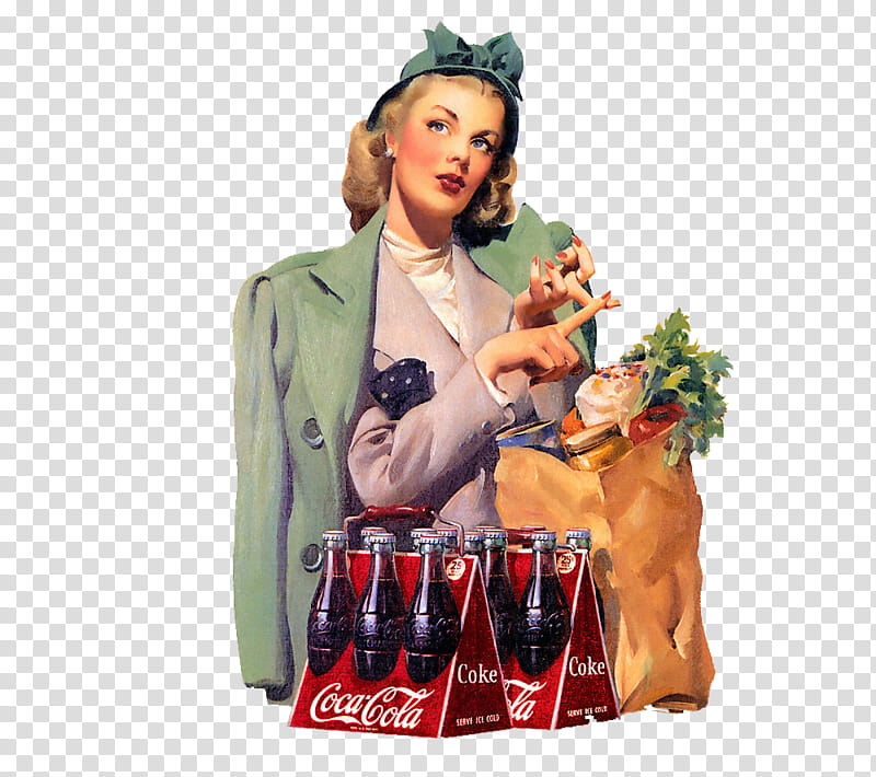 , vintage woman with Coca-Cola bottles and groceries painting transparent background PNG clipart
