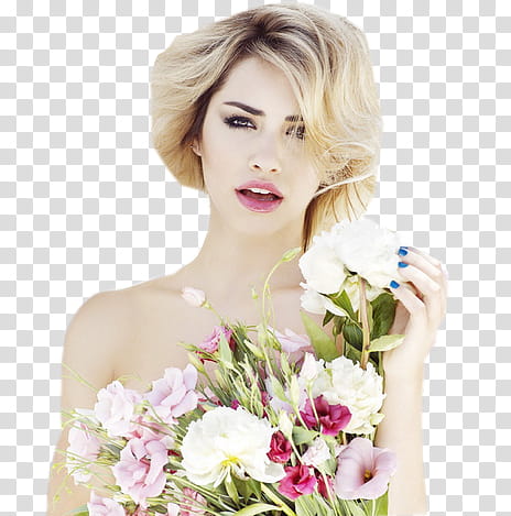 Lali Esposito, woman holding bunch of white and pink flowers transparent background PNG clipart