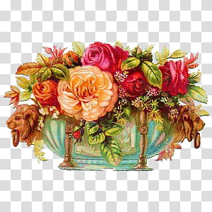 Flowers II, orange and red rose flowers in teal bowl art transparent background PNG clipart