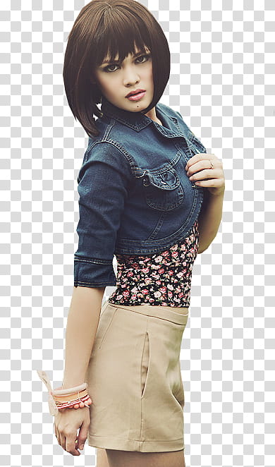 Model , woman wearing blue denim top and beige skirt transparent background PNG clipart