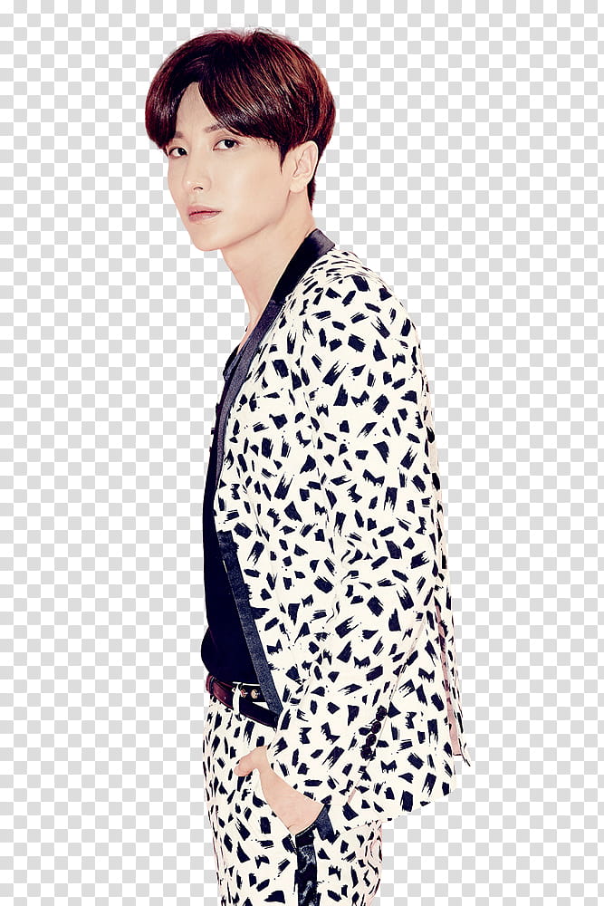 SUPER JUNIOR DEVIL P, man wearing white and black suit with hands in pocket transparent background PNG clipart