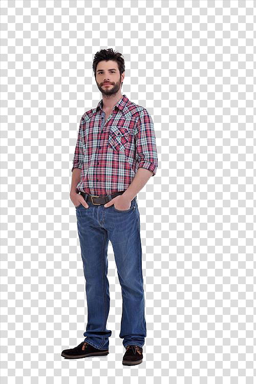 man in plaid shirt and denim jeans standing on white surface transparent background PNG clipart