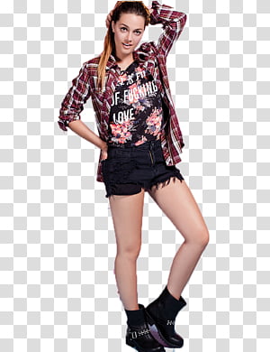 Oriana Sabatini, woman in red plaid long sleeved shirt and black short shorts standing transparent background PNG clipart thumbnail