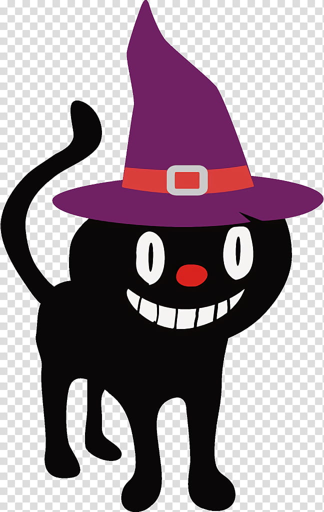 black cat halloween cat, Halloween , Cartoon, Witch Hat, Purple, Costume Hat, Headgear, Small To Mediumsized Cats transparent background PNG clipart
