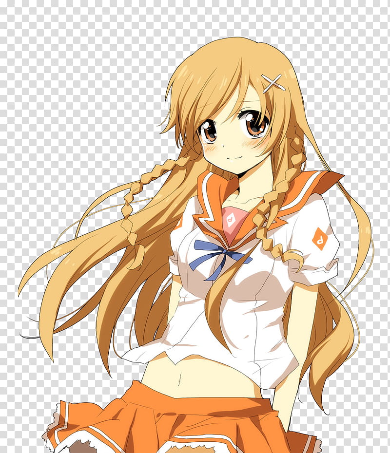 Render, female anime character with blonde hair wearing white shirt and orange miniskirt illustration transparent background PNG clipart